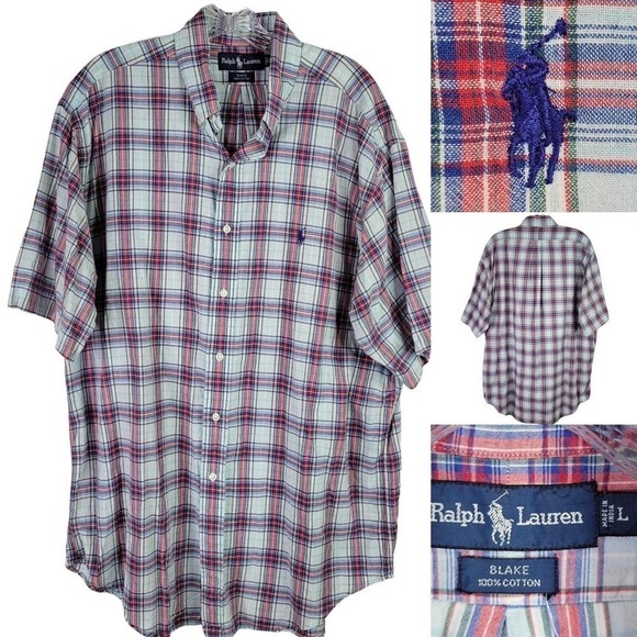 Polo Ralph Lauren Oxford Men's L Red Plaid SS Button Down Shirt Twill Blake - Picture 1 of 10